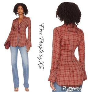 NWT Free People Plaid Ruched long Sleeves Top sz XS